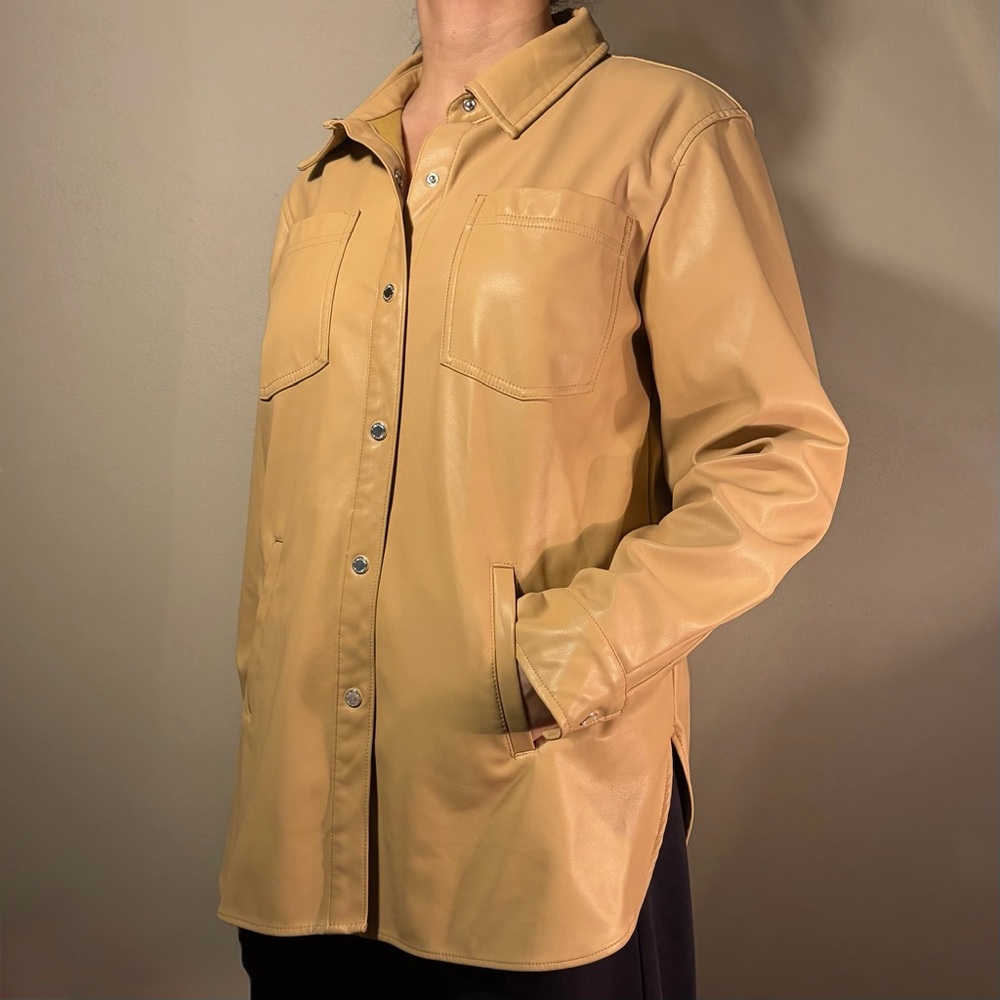 NWOT Calvin Klein Tan Faux Leather Lined Shacket Shirt Jacket Pockets Sz L